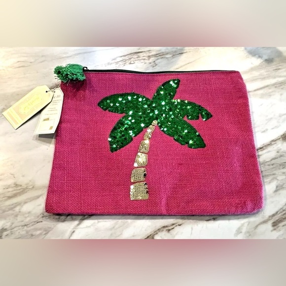 Mud Pie Women’s Fashion Maya Bay Dazzle Jute Pink Carry-All Case (Palm Tree) - Picture 2 of 6